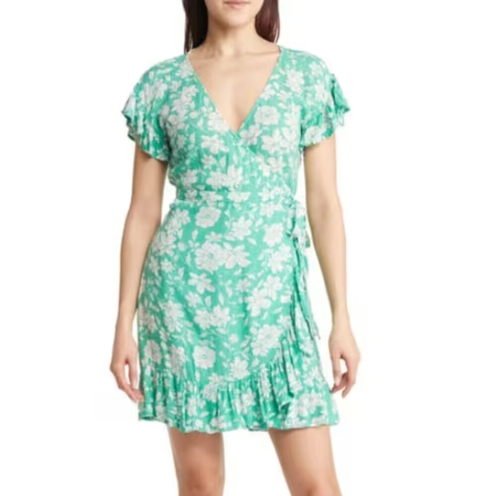 Billabong Wrap & Roll Floral Ruffle Wrap Minidress Summer Vacation Beach Size M